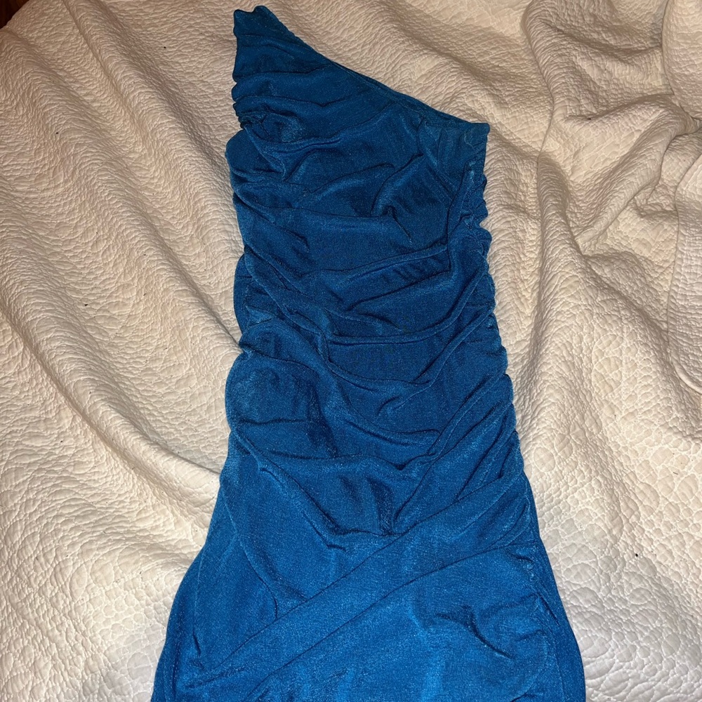 Blue one shoulder sparkly dress!